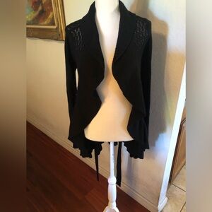 100% Merino Wool Knit Black Women's Cardigan with tie Elie Tahari